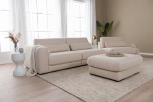 Skagen Studio Riis dining chair in Antwerp Beige fabric.