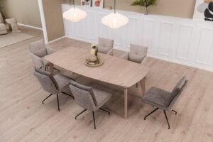 Skagen Studio Riis dining chair in Movie Desert fabric.