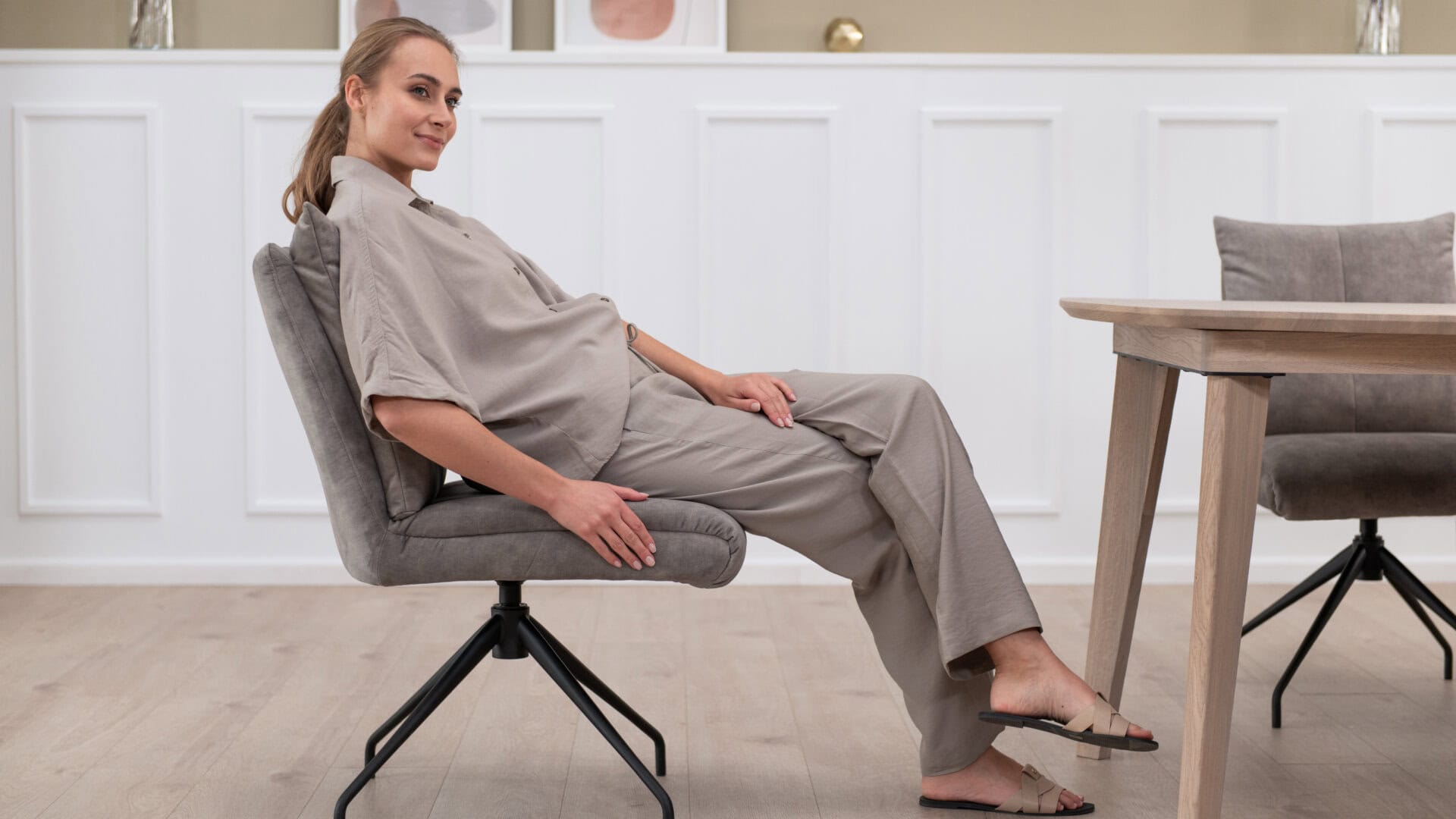 Skagen Studio Riis dining chair in Adore Clay fabric.