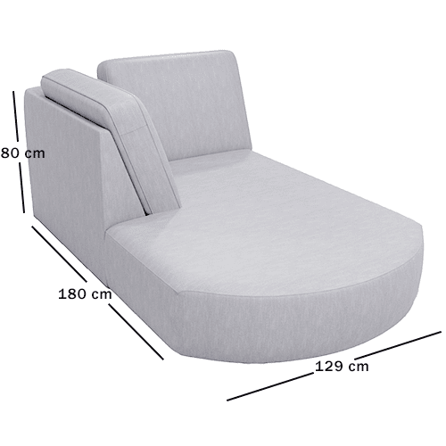 Skagen Studio Anholt — module XRVHJR, Round corner with rounded open end pouf left. 129 × 180 cm, 80 cm high. Dimensioned drawing.
