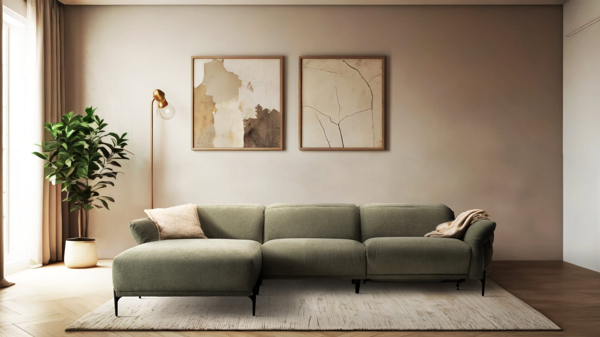 Skagen Studio Funen sofa in olive fabric, in a warm-toned living room with a plant beside it.