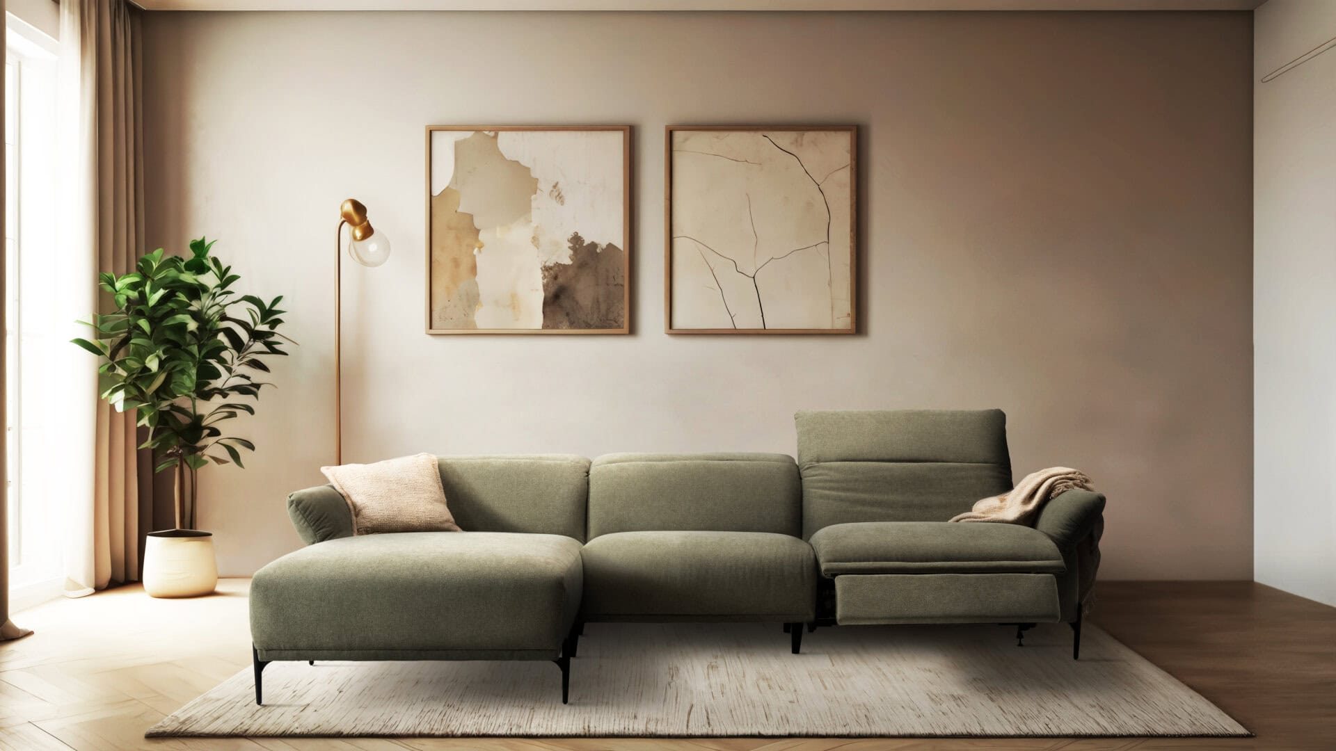Skagen Studio Funen sofa in olive fabric, in a warm-toned living room, seen from the side.