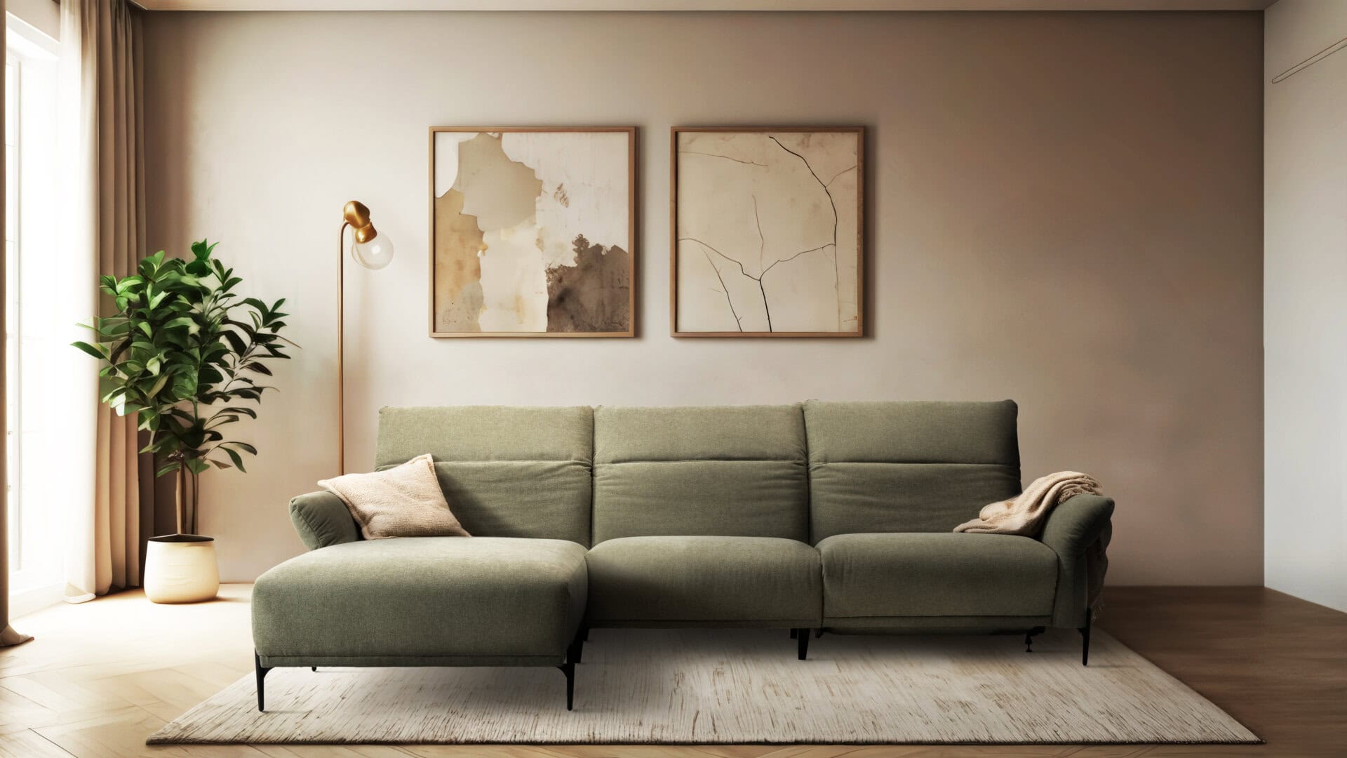 Skagen Studio Funen sofa in olive fabric, in a warm-toned living room with framed prints on the wall.