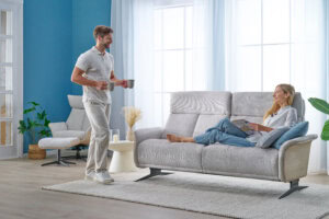Skagen Studio Hjelm sofa in Movie Shell fabric.
