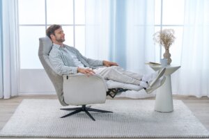 Skagen Studio Stadil recliner in Challenger Shell fabric.
